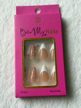 Press on nails bite my nails French manicure and bows pink and white cherries